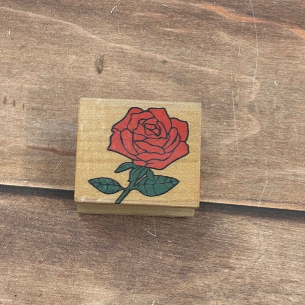 UNBRANDED SINGLE ROSE WITH STEM AND LEAVES WOOD MOUNTED RUBBER STAMP